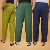 Combo of 3 Men Solid Cotton Flex Pant Bottle Green Navy Blue and Olive