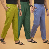 Combo of 3 Men Solid Cotton Flex Pant Bottle Green Sky Blue and Olive Green