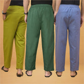 Combo of 3 Men Solid Cotton Flex Pant Bottle Green Sky Blue and Olive Green