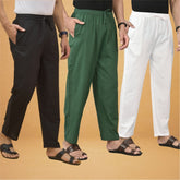 Combo of 3 Men Solid Cotton Flex Pant Bottle Green White and Black