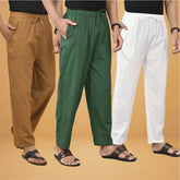 Combo of 3 Men Solid Cotton Flex Pant Bottle Green White and Brown