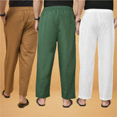 Combo of 3 Men Solid Cotton Flex Pant Bottle Green White and Brown