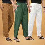 Combo of 3 Men Solid Cotton Flex Pant Bottle Green White and Brown
