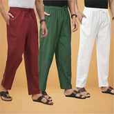 Combo of 3 Men Solid Cotton Flex Pant Bottle Green White and Maroon