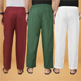 Combo of 3 Men Solid Cotton Flex Pant Bottle Green White and Maroon
