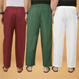 Combo of 3 Men Solid Cotton Flex Pant Bottle Green White and Maroon