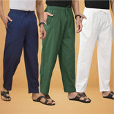 Combo of 3 Men Solid Cotton Flex Pant Bottle Green White and Navy Blue