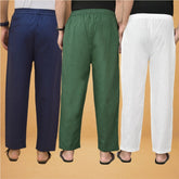 Combo of 3 Men Solid Cotton Flex Pant Bottle Green White and Navy Blue