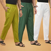 Combo of 3 Men Solid Cotton Flex Pant Bottle Green White and Olive Green