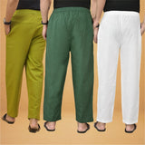 Combo of 3 Men Solid Cotton Flex Pant Bottle Green White and Olive Green