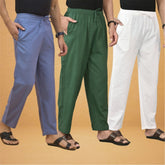 Combo of 3 Men Solid Cotton Flex Pant Bottle Green White and Sky Blue