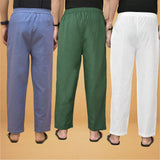 Combo of 3 Men Solid Cotton Flex Pant Bottle Green White and Sky Blue