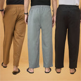 Combo of 3 Men Solid Cotton Flex Pant Gray Black and Brown