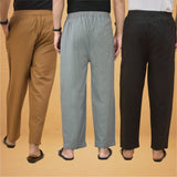 Combo of 3 Men Solid Cotton Flex Pant Gray Black and Brown