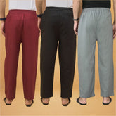 Combo of 3 Men Solid Cotton Flex Pant Gray Black and Maroon