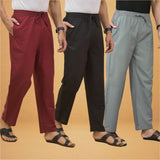Combo of 3 Men Solid Cotton Flex Pant Gray Black and Maroon