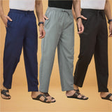 Combo of 3 Men Solid Cotton Flex Pant Gray Black and Navy Blue