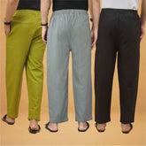 Combo of 3 Men Solid Cotton Flex Pant Gray Black and Olive Green