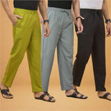 Combo of 3 Men Solid Cotton Flex Pant Gray Black and Olive Green