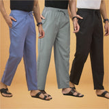 Combo of 3 Men Solid Cotton Flex Pant Gray Black and Sky Blue