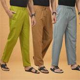Combo of 3 Men Solid Cotton Flex Pant Gray Brown and Olive Green