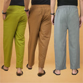 Combo of 3 Men Solid Cotton Flex Pant Gray Brown and Olive Green