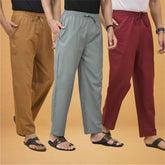 Combo of 3 Men Solid Cotton Flex Pant Gray Maroon and Brown