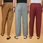 Combo of 3 Men Solid Cotton Flex Pant Gray Maroon and Brown