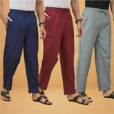 Combo of 3 Men Solid Cotton Flex Pant Gray Maroon and Navy Blue