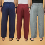 Combo of 3 Men Solid Cotton Flex Pant Gray Maroon and Navy Blue
