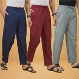 Combo of 3 Men Solid Cotton Flex Pant Gray Maroon and Navy Blue