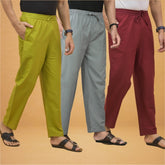 Combo of 3 Men Solid Cotton Flex Pant Gray Maroon and Olive Green