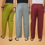 Combo of 3 Men Solid Cotton Flex Pant Gray Maroon and Olive Green