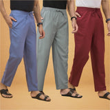 Combo of 3 Men Solid Cotton Flex Pant Gray Maroon and Sky Blue