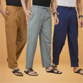 Combo of 3 Men Solid Cotton Flex Pant Gray Navy Blue and Brown