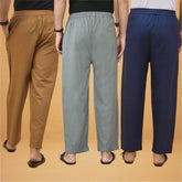 Combo of 3 Men Solid Cotton Flex Pant Gray Navy Blue and Brown