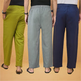 Combo of 3 Men Solid Cotton Flex Pant Gray Navy Blue and Olive Green