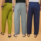 Combo of 3 Men Solid Cotton Flex Pant Gray Navy Blue and Olive Green