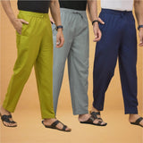 Combo of 3 Men Solid Cotton Flex Pant Gray Navy Blue and Olive Green