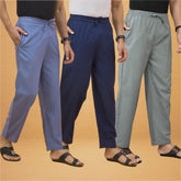 Combo of 3 Men Solid Cotton Flex Pant Gray Navy Blue and Sky Blue