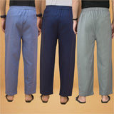 Combo of 3 Men Solid Cotton Flex Pant Gray Navy Blue and Sky Blue