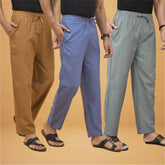 Combo of 3 Men Solid Cotton Flex Pant Gray Sky Blue and Brown