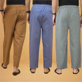 Combo of 3 Men Solid Cotton Flex Pant Gray Sky Blue and Brown
