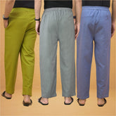 Combo of 3 Men Solid Cotton Flex Pant Gray Sky Blue and Olive Green