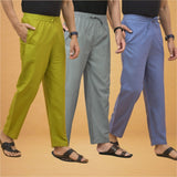 Combo of 3 Men Solid Cotton Flex Pant Gray Sky Blue and Olive Green