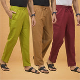Combo of 3 Men Solid Cotton Flex Pant Maroon Brown and Olive Green