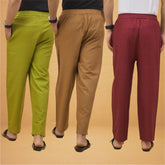 Combo of 3 Men Solid Cotton Flex Pant Maroon Brown and Olive Green