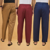 Combo of 3 Men Solid Cotton Flex Pant Maroon Navy Blue and Brown