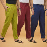 Combo of 3 Men Solid Cotton Flex Pant Maroon Navy Blue and Olive