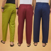 Combo of 3 Men Solid Cotton Flex Pant Maroon Navy Blue and Olive